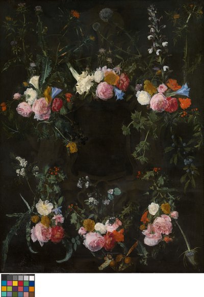 Cartiglio scolpito e ornato da ghirlande di fiori da Daniel Seghers