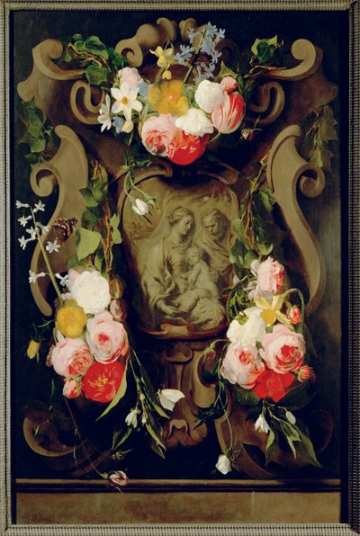 Natura morta con Sacra Famiglia (olio su legno di quercia) da Daniel Seghers