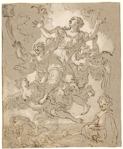 Santa Rosalia in gloria con figure morenti e correnti e un uomo a mezzo busto sotto da Daniel Seiter