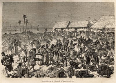 Un mercato molto animato vicino al fiume Congo, che riunisce più di tremila persone, incisa dopo un disegno di D.Vierge, illustrante l