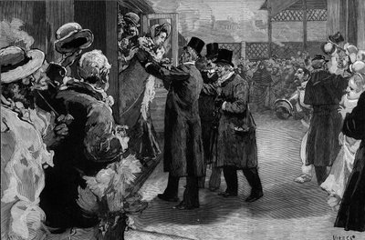 Louise Michel tornata in Francia (1830-1905) dopo la sua deportazione per la sua partecipazione alla Comune di Parigi. Fu accolta alla stazione di Saint-Lazare da Henri Rochefort (1831-1913), Louis Blanc (1811-1882) e Georges Clemenceau (1841-1929). da Daniel Urrabieta Vierge