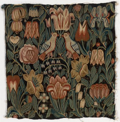 Copricuscino di arazzo raffigurante due uccelli tra i fiori, realizzato a Schleswig-Holstein, Danimarca, c.1690 da Danish School