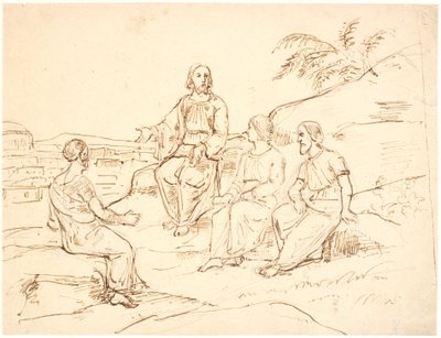 Scena biblica: Cristo seduto con tre apostoli su una montagna da Dankvart Dreyer