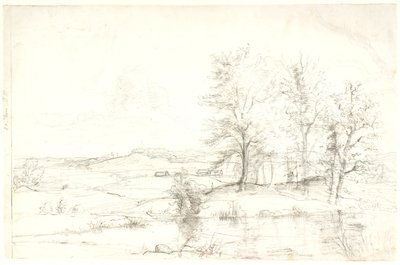 Vista su un paesaggio boscoso collinare. In primo piano un lago da Dankvart Dreyer
