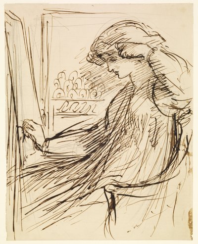 Donna seduta davanti a un telaio da ricamo o a un cavalletto da Dante Gabriel Rossetti