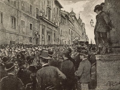 Funerale di Agostino Bertani (1812-1886), patriota e politico italiano, Roma, Italia, disegno di Dante Paolocci, incisione da L