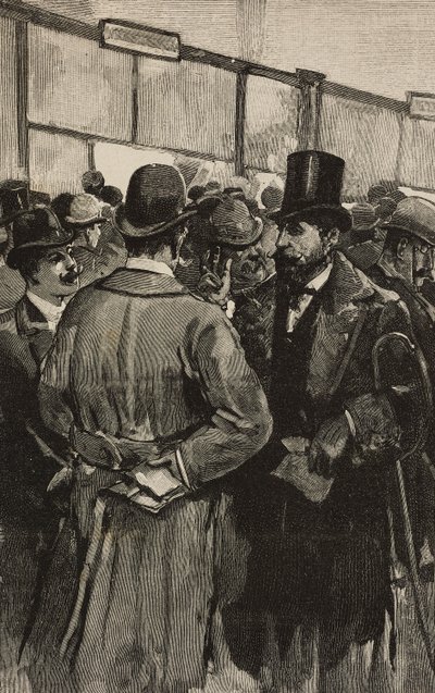 Sportelli bancari durante lo scandalo della Banca Romana, Roma, Italia, incisione da un disegno di Dante Paolocci, da L