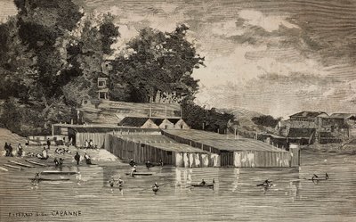 Stabilimento balneare, bagni pubblici del Tevere a Roma, Italia, incisione da un disegno di Dante Paolocci, da L