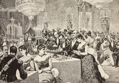 Sala del buffet, ballo di corte al Quirinale, Roma, Italia, incisione da un disegno di Dante Paolocci, da L