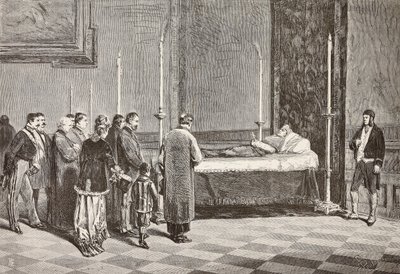 Il corpo del cardinale Giacomo Antonelli esposto in una delle stanze del Vaticano, incisione da un disegno di Dante Paolocci, da L