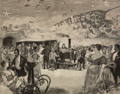 Festa di carnevale al Circolo Artistico Internazionale di Roma, Italia, incisione da un disegno di Dante Paolocci, da L