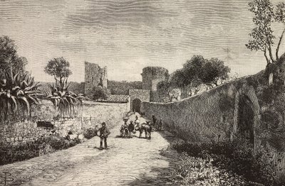 Porta del Castello, Corneto Tarquinia, Italia, incisione da un disegno di Dante Paolocci, da L