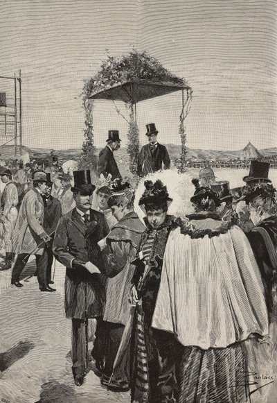 Conte di Torino Vittorio Emanuele di Savoia-Aosta alle corse di Tor di Quinto, Roma, Italia, incisione dopo un disegno di Dante Paolocci, da L