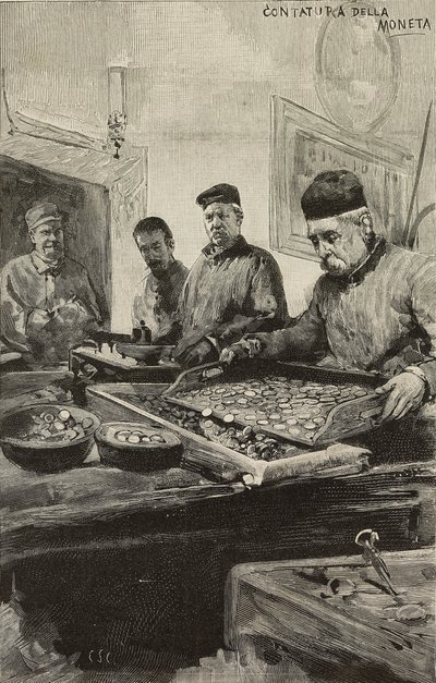 Conteggio delle monete nella zecca di Roma, Italia, incisione dopo un disegno di Dante Paolocci, da L
