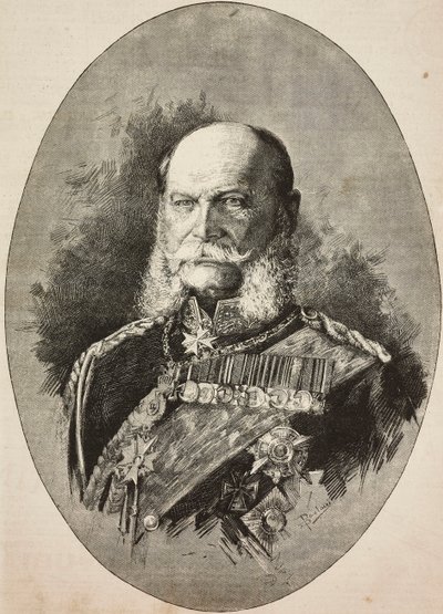 Imperatore Guglielmo I di Germania (1797-1888) nel 1887, incisione da disegno di Dante Paolocci, da L