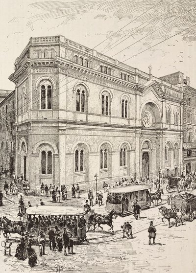 Chiesa evangelica in Via Nazionale, Roma, Italia, incisione da un disegno di Dante Paolocci, da L