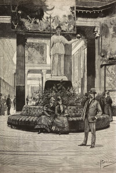 Esposizione di tessuti e merletti, Rotonda e Galleria dei Tessuti, Roma, Italia, incisione da un disegno di Dante Paolocci, da L