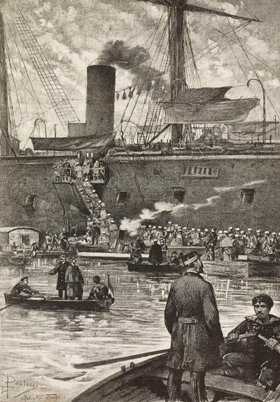 Soldati italiani che imbarcano sulla nave da battaglia Principe Amedeo, spedizione italiana nel Mar Rosso, Napoli, Italia, incisione da un disegno di Dante Paolocci, da L