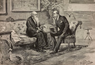 Re Umberto I di Savoia (1844-1900) e il Presidente del Consiglio Agostino de Pretis (1813-1887), incisione da disegno di Dante Paolocci, da L