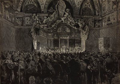 Leone XIII riceve i pellegrini francesi nella Sala Ducale, Giubileo Papale, Vaticano, incisione da disegno di Dante Paolocci, da L