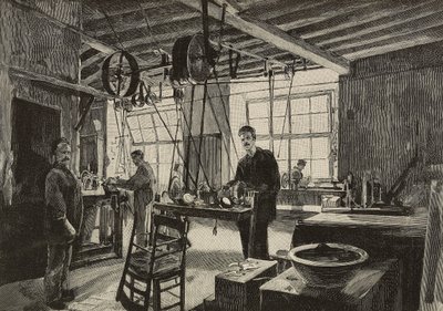 Officina meccanica nella zecca di Roma, Italia, incisione dopo un disegno di Dante Paolocci, da L
