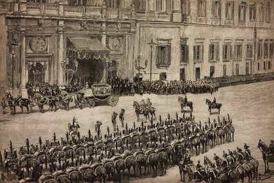 Apertura del Parlamento, arrivo del Re Umberto I a Montecitorio, Roma, Italia, incisione da un disegno di Dante Paolocci, L