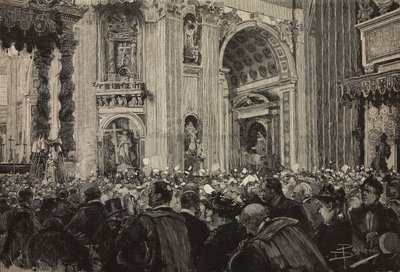 Benedizione papale in occasione del Giubileo Episcopale di Leone XIII, Basilica di San Pietro, Vaticano, incisione da un disegno di Dante Paolocci, da L