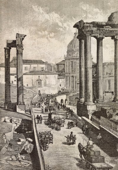 Passaggio attraverso il Foro, Roma, Italia, incisione da un disegno di Dante Paolocci, da L