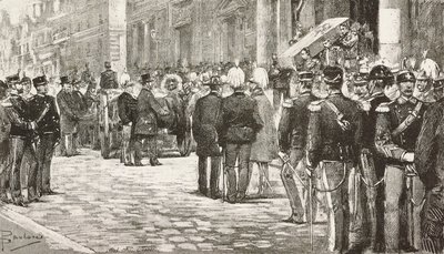 Politici e ufficiali che partecipano al corteo funebre di Luigi Mezzacapo (1814-1885), politico e ufficiale italiano, Roma, Italia, incisione da un disegno di Dante Paolocci, da L