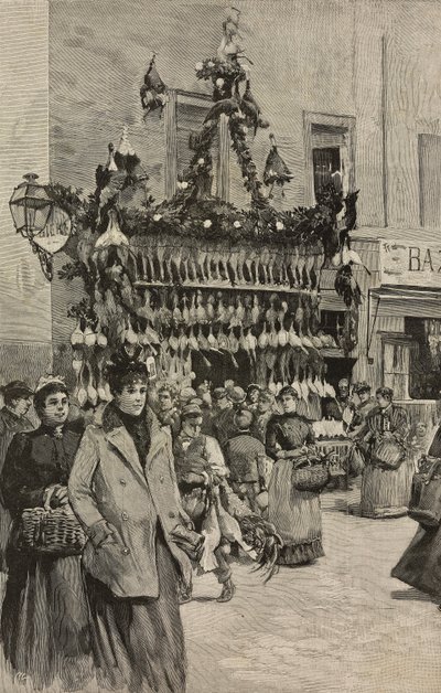 Negozio di pollame a Roma a Natale, Italia, incisione da un disegno di Dante Paolocci, da L