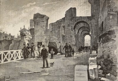 Passeggiata pubblica (Summa Nova Via) nel Palazzo dei Cesari, Roma, Italia, incisione da un disegno di Dante Paolocci, da L