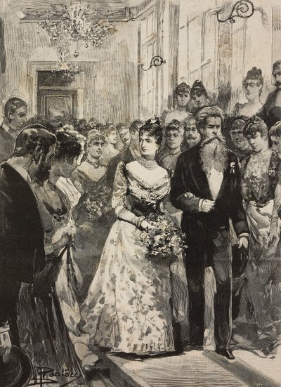 Regina Margherita di Savoia alla festa del Circolo Artistico di Roma, accompagnata dallo scultore Giulio Monteverde, Italia, incisione da un disegno di Dante Paolocci, da L