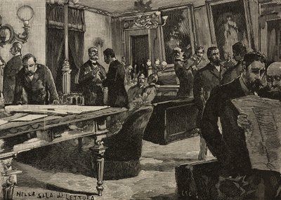 Sala di lettura a Palazzo Montecitorio, Roma, Italia, incisione da un disegno di Dante Paolocci, da L