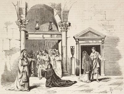 Gabinetto del Sommo Pontefice nel palazzo, Postumia che implora Fabio Massimo, Roma Vaincue di Alexandre Parodi, Atto V, incisione di Dante Paolocci da schizzi di Zandomenico, da L