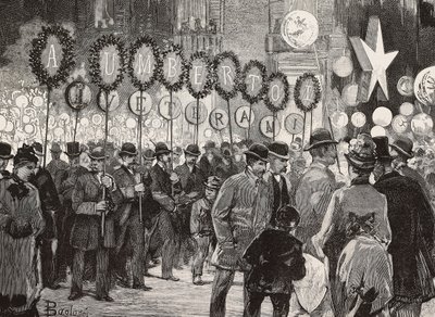 Fiaccolata in onore del re Umberto I la sera del 1 dicembre, Roma, Italia, incisione da un disegno di Dante Paolocci, da L