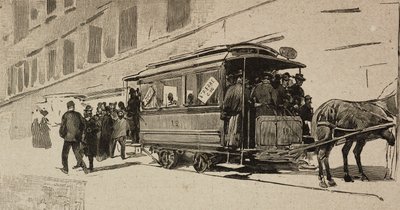 Tram diretto a San Pietro in occasione del Giubileo Episcopale di Leone XIII, Roma, Italia, incisione dopo un disegno di Dante Paolocci, da L