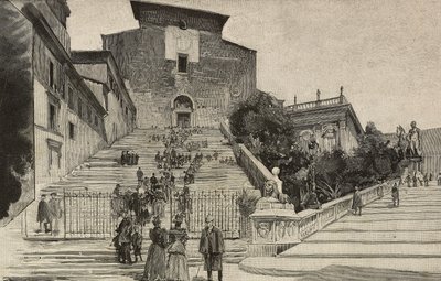 Veduta della Basilica di Santa Maria in Aracoeli, Roma, Italia, incisione dopo un disegno di Dante Paolocci, da L
