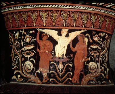 Cratere a volute a figure rosse apule, dettaglio del collo che raffigura Edipo e la Sfinge da Darius Painter