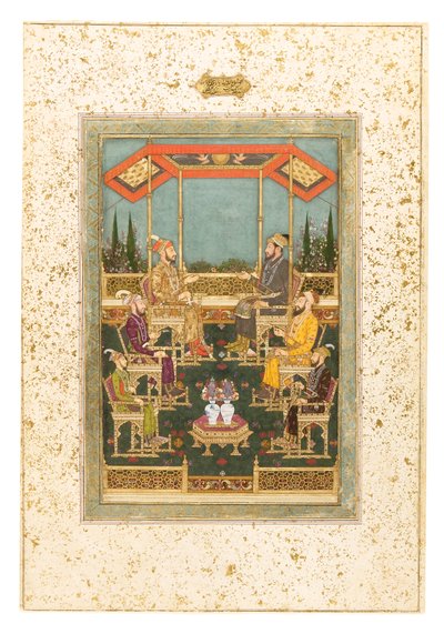 Un raduno di principi, c.1710 (acquerello opaco e oro su carta, montato come pagina di album) da Das Bhawani