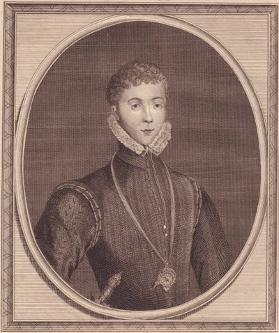 Ritratto di Henry Stuart, Lord Darnley (1545-1567), Re Consorte di Scozia, incisione in rame di John Goldar (1729-1795) da un dipinto di Lucas de Heere da John Ward Dunsmore