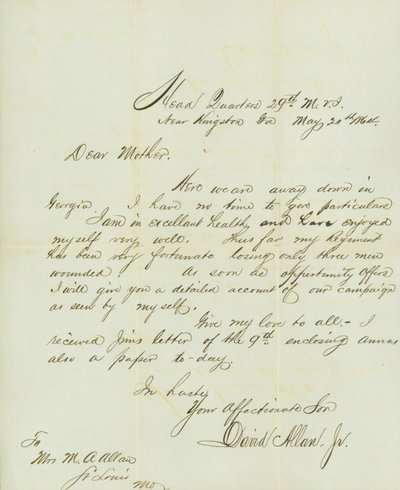 Lettera firmata David Allan, Jr., Quartier Generale 29th M.V.I., vicino a Kingston, Ga., a sua madre Mrs. M.A. Allan, St. Louis, Mo., 20 maggio 1864 da David Allan