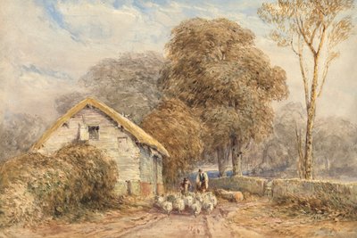 Un viaggiatore a cavallo, con un pastore e le sue pecore, vicino a un fienile, su una strada di campagna da David Cox