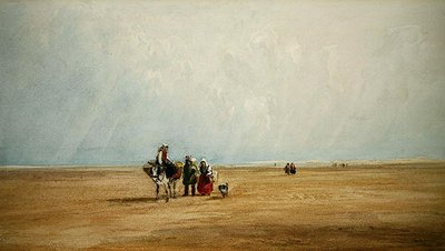 Figure con un asino su una spiaggia francese (acquerello su carta) da David Cox
