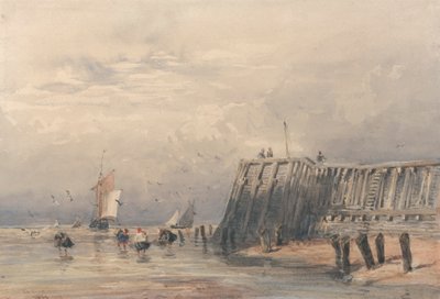 Barche a vela e pescatori di gamberetti al largo di un molo da David Cox