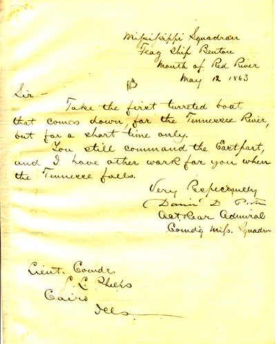 Lettera di David D. Porter, U. S. S. Benton, foce del Red River, a Seth Ledyard Phelps, Cairo, Illinois, 12 maggio 1863 da David D. Porter