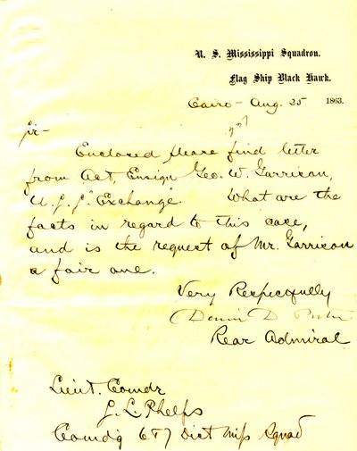 Lettera di David D. Porter, U. S. S. Black Hawk, Cairo, Illinois, a Seth Ledyard Phelps, 25 agosto 1863 da David D. Porter
