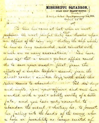 Lettera di David D. Porter, U. S. S. Cricket, 2 miglia sotto Montgomery, Louisiana, a [Seth Ledyard] Phelps, comandante U. S. S. Eastport, 2 miglia sotto Montgomery, Louisiana, 25 aprile 1864 da David D. Porter