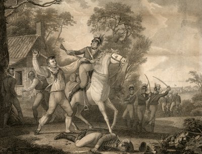 Azione valorosa di Peter Francisco con nove della cavalleria di Tarleton in vista di una truppa di quattrocento uomini, pub. 1814 da David Edwin