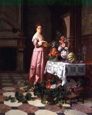 Signora con frutta e fiori su un tavolo da David Emil Joseph de and Knarren P. Noter