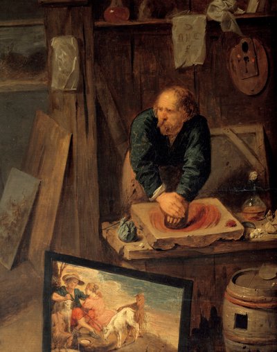 Atelier del pittore con modello in posa e macinatore di colori (dettaglio) da David III Ryckaert